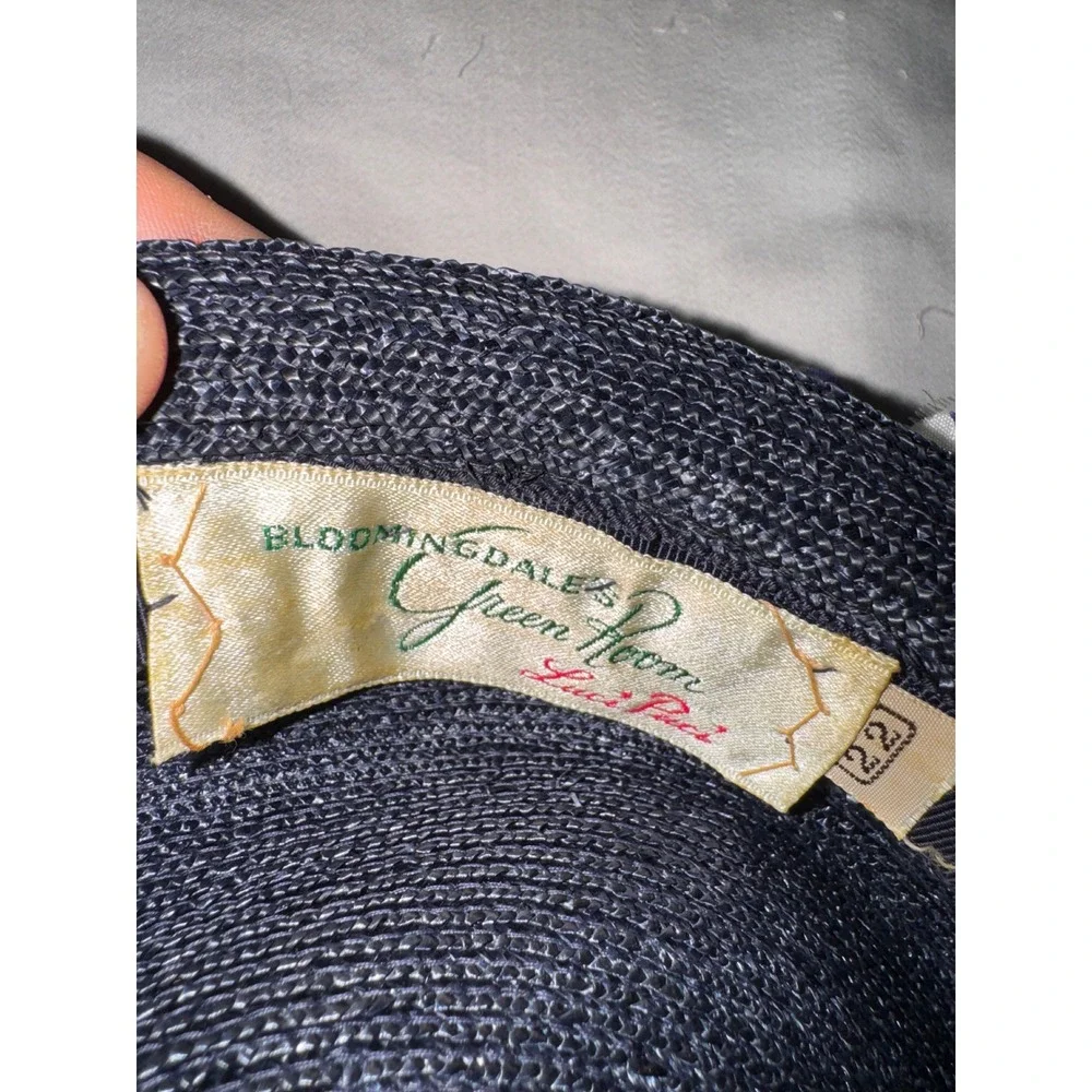Vintage Luci Puci Bloomingdales Navy Straw Floral Pillbox Hat Birdcage‎ Veil 22